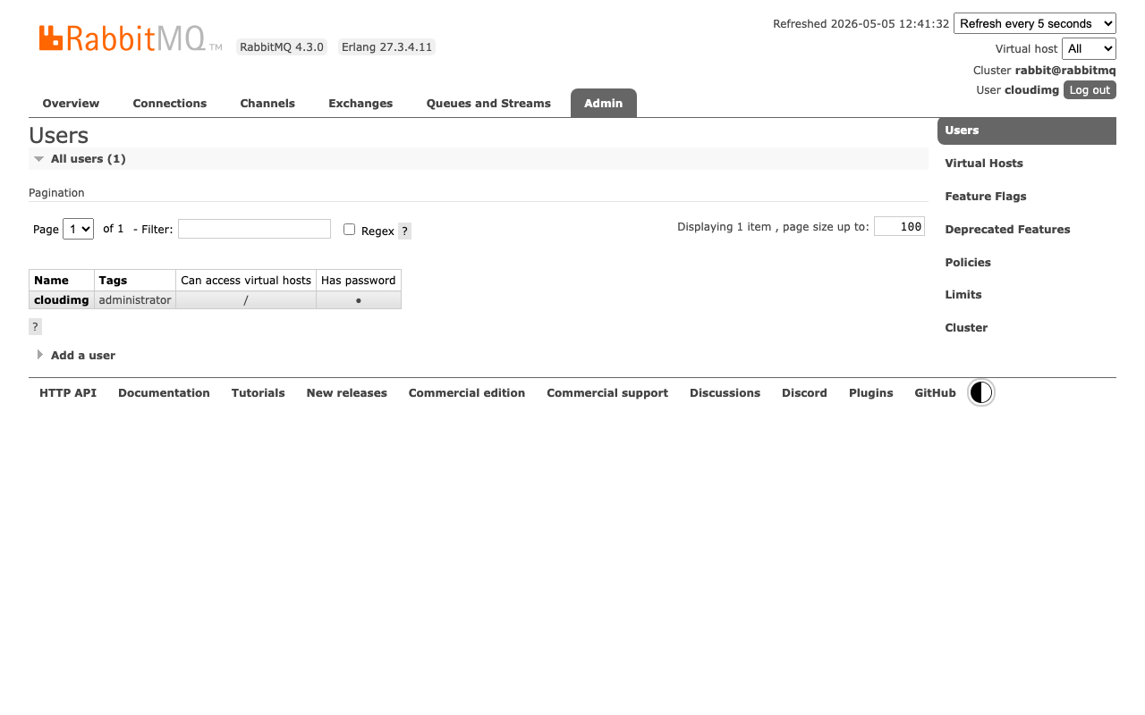 RabbitMQ admin users tab showing cloudimg admin