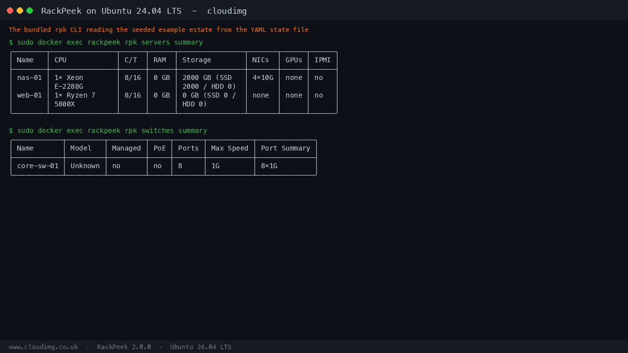 The rpk CLI reading the seeded servers and a switch hardware summary from the YAML state