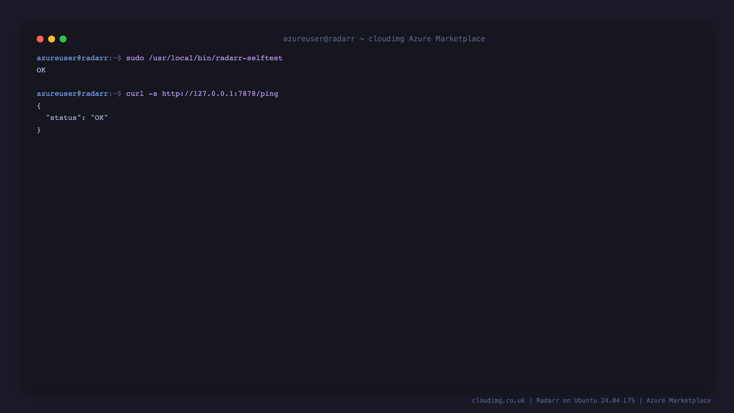 The radarr-selftest output reporting OK, and the unauthenticated ping endpoint returning a JSON document with status OK