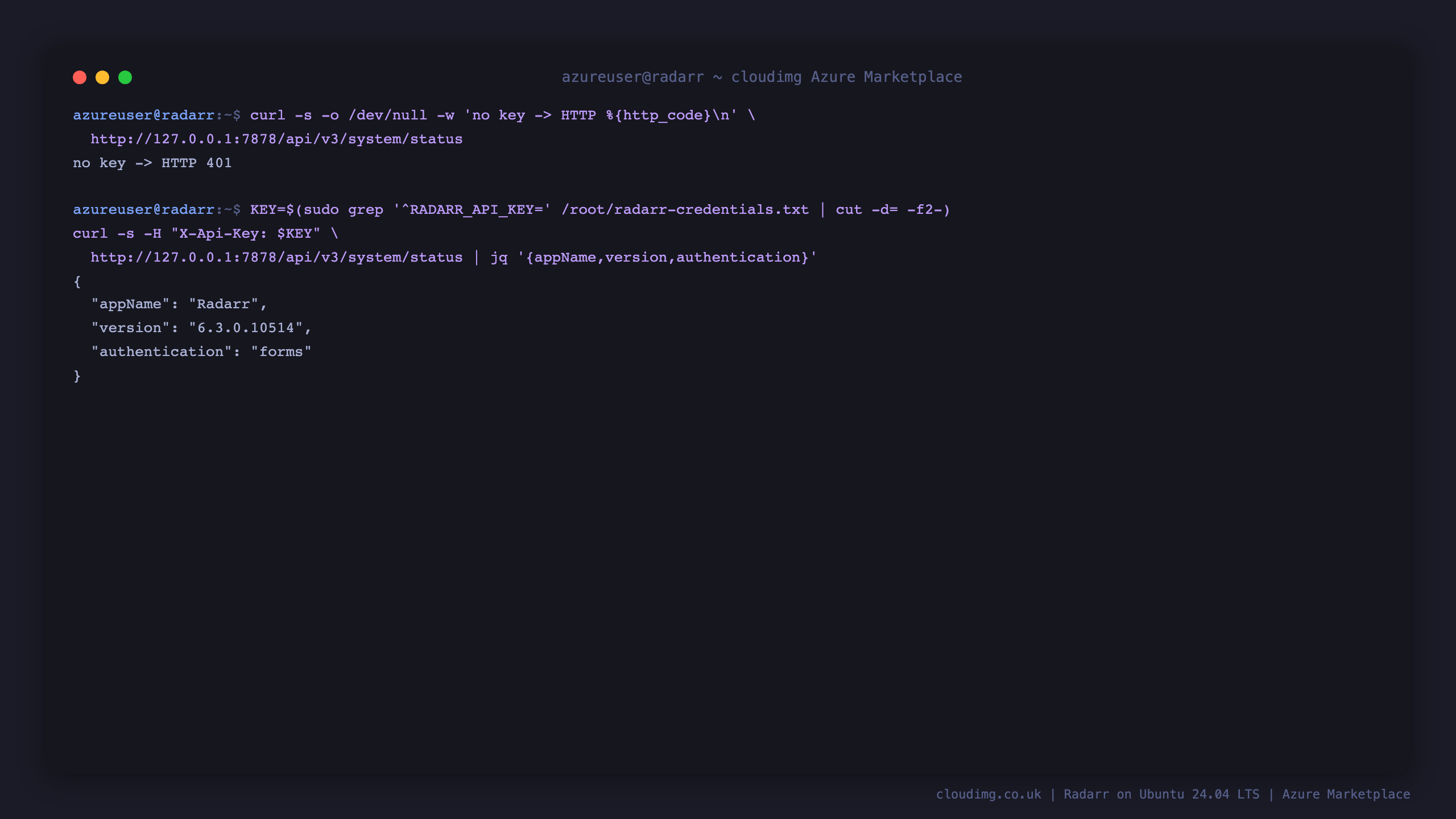 curl showing an unauthenticated request to the system status API returning HTTP 401, and an authenticated request with the per VM API key returning appName Radarr, version 6.3.0.10514 and authentication forms