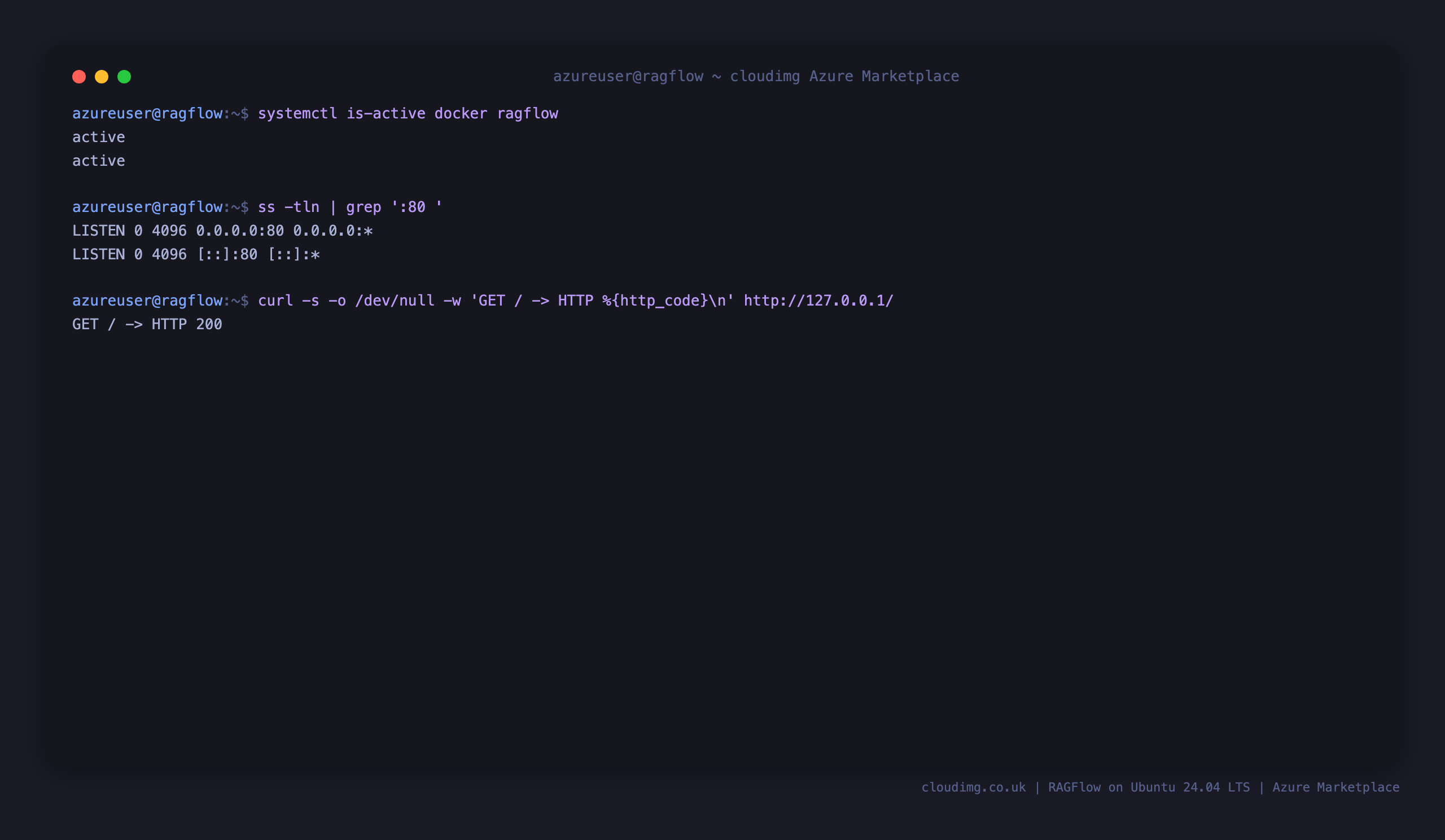 docker and ragflow services active, RAGFlow bound to port 80, and the web workspace returning HTTP 200