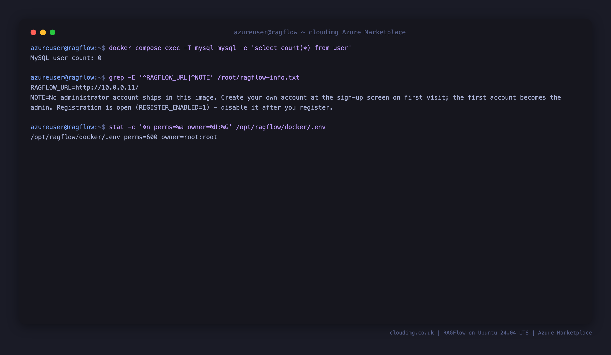MySQL reporting zero users, a root only instance info note that holds no credential only the resolved workspace URL, and the per instance secrets file readable only by root
