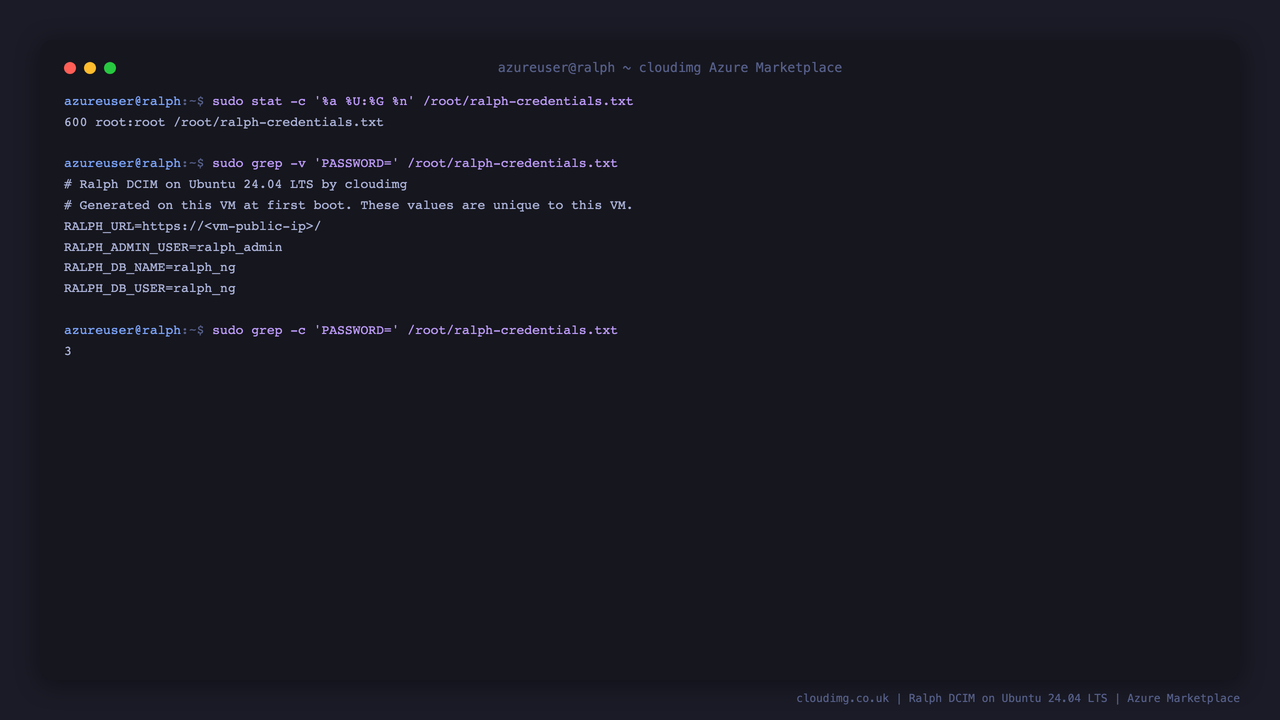 The first-boot credentials file, with passwords withheld