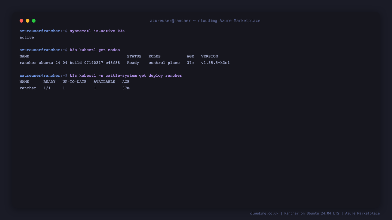 K3s active, the single node Ready, and the Rancher deployment rolled out