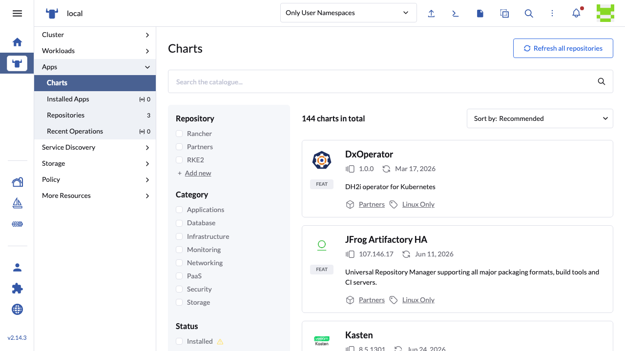 The Apps and Charts catalogue, with the Rancher, Partners and RKE2 repositories available