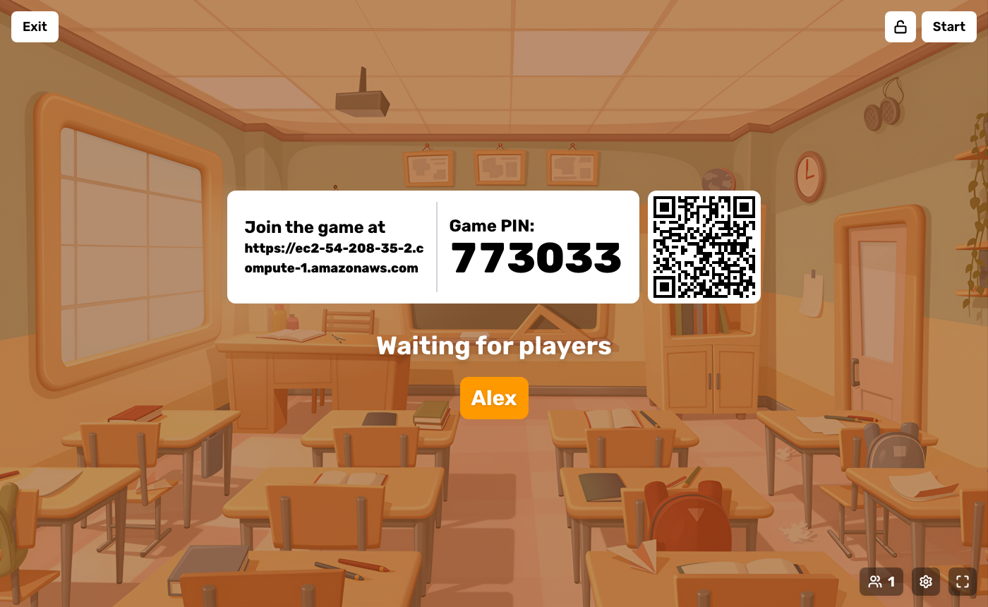 The host lobby with the game PIN and a player who has joined
