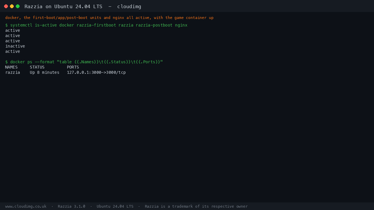 The docker, razzia-firstboot, razzia, razzia-postboot and nginx services all active, and the razzia game container up on 127.0.0.1:3000