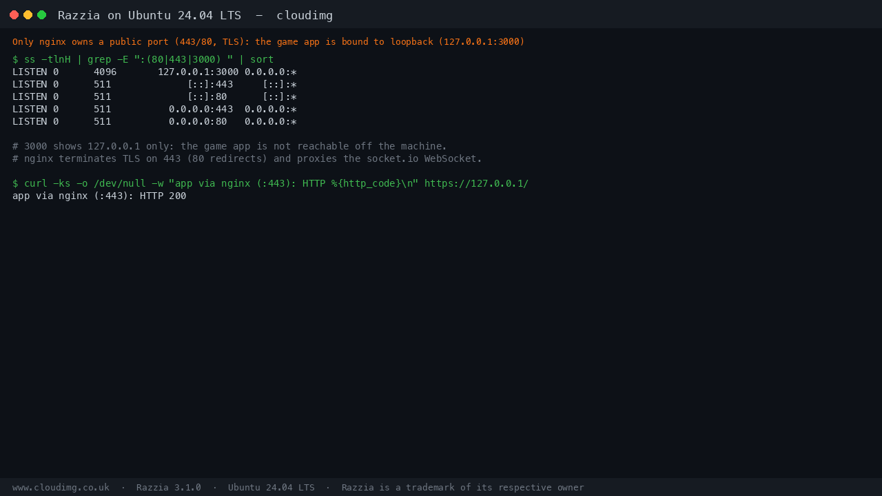 The game app listening on 127.0.0.1:3000 only, with nginx listening publicly on ports 443 and 80