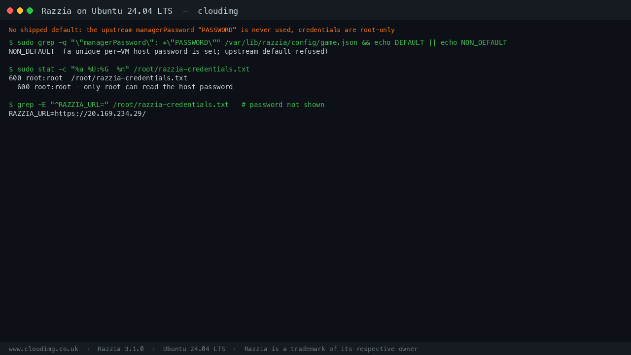 NON_DEFAULT confirming the upstream default password is never used, the razzia-credentials.txt file at mode 0600 root root, and the URL shown with the password never displayed