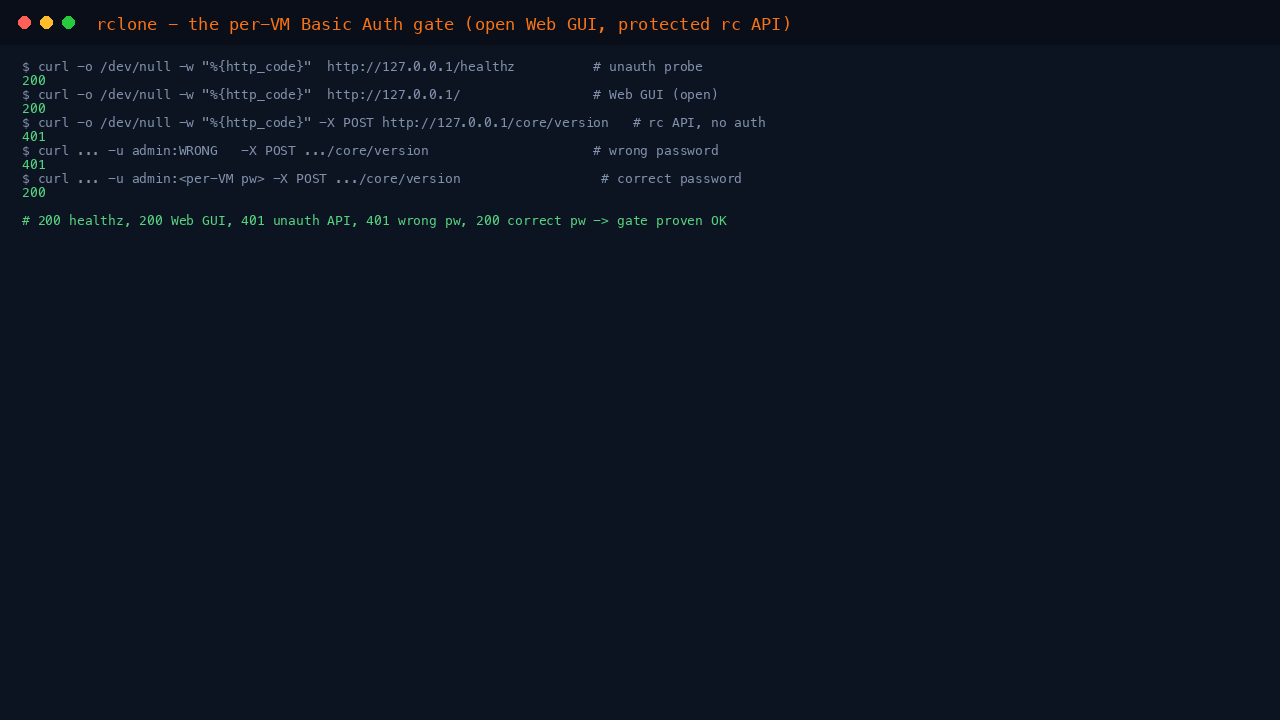 curl output proving the auth gate: 200 for healthz and the Web GUI, 401 for the unauthenticated and wrong-password API calls, 200 for the correct per-VM password