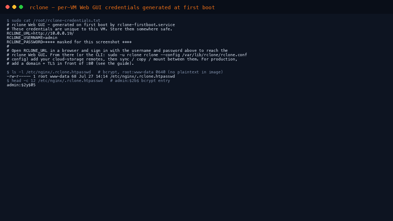 The per-VM rclone credentials file showing the URL, the admin username and the generated password, plus the bcrypt nginx htpasswd entry
