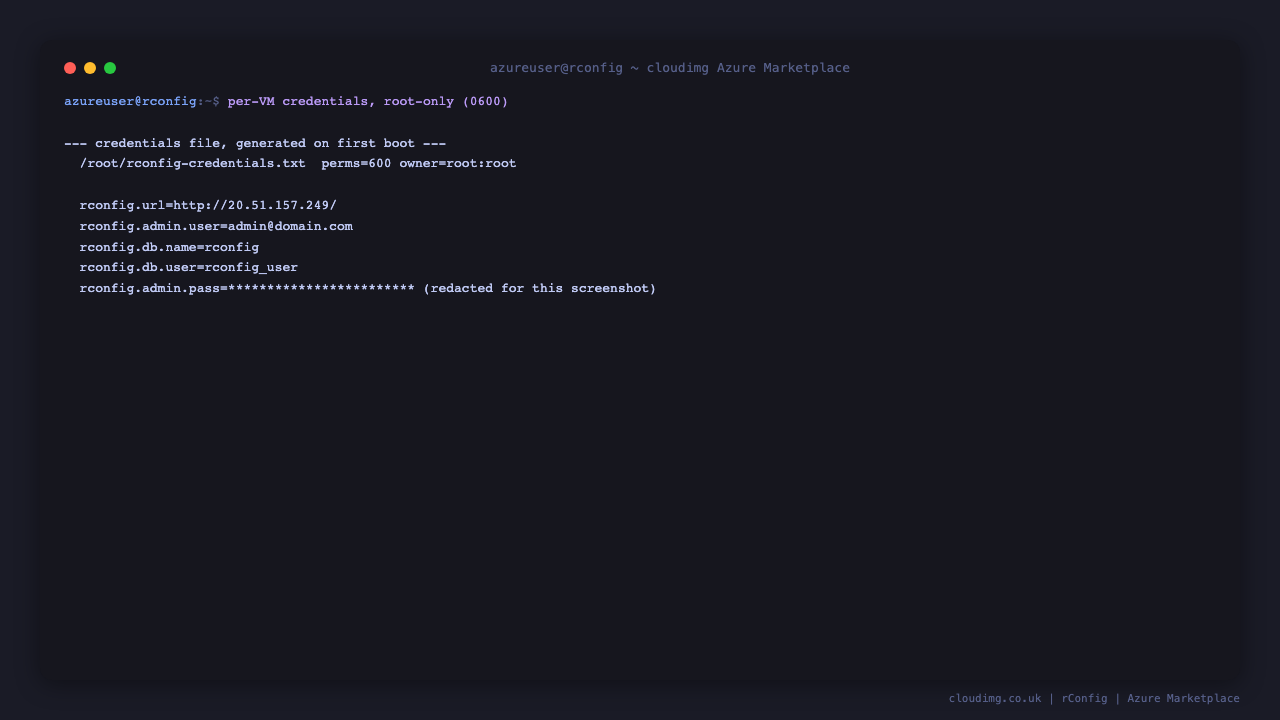 Per-VM credentials, root-only and masked