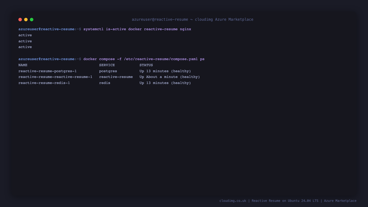 systemctl reporting docker, reactive-resume and nginx active, and the three containers running healthy under Docker Compose