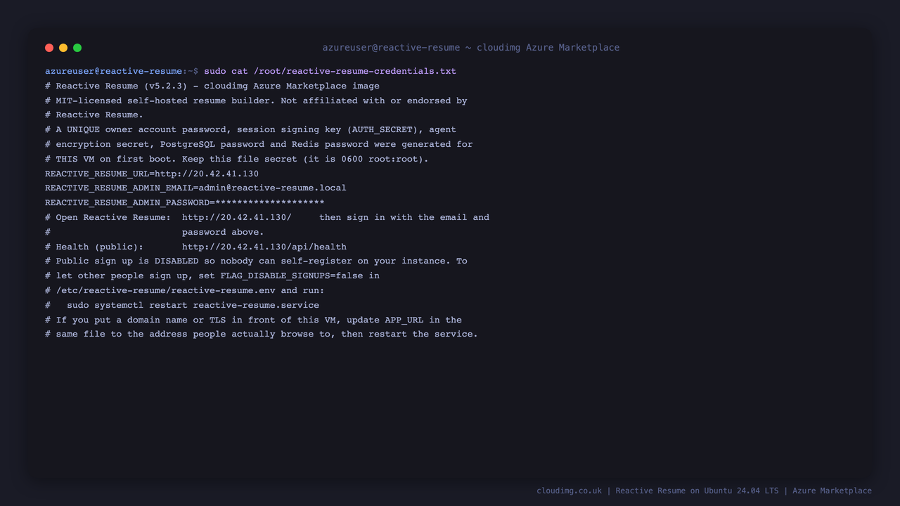 The per VM access notes, with the application URL, the owner email and the owner password masked