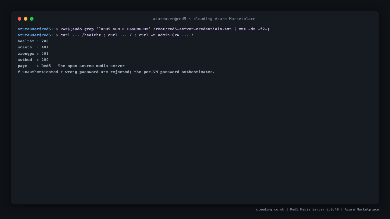 The nginx HTTP Basic Auth round-trip returning 200 for the unauthenticated health endpoint, 401 for an unauthenticated request and a wrong password, and 200 with the per-VM password, confirming the Red5 web interface is gated