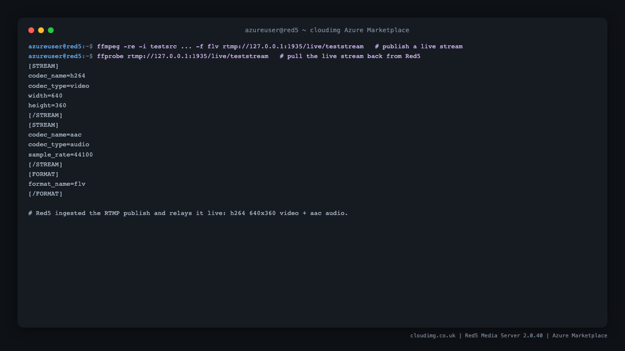 Publishing a live test pattern to Red5 over RTMP and pulling it back with ffprobe, which reports the h264 640x360 video and aac 44100 audio streams, confirming Red5 ingested the RTMP publish and relays it live