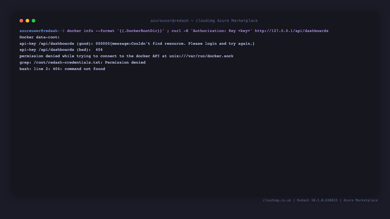 Docker data-root on the dedicated /var/lib/redash disk and the admin API key round-trip returning 200