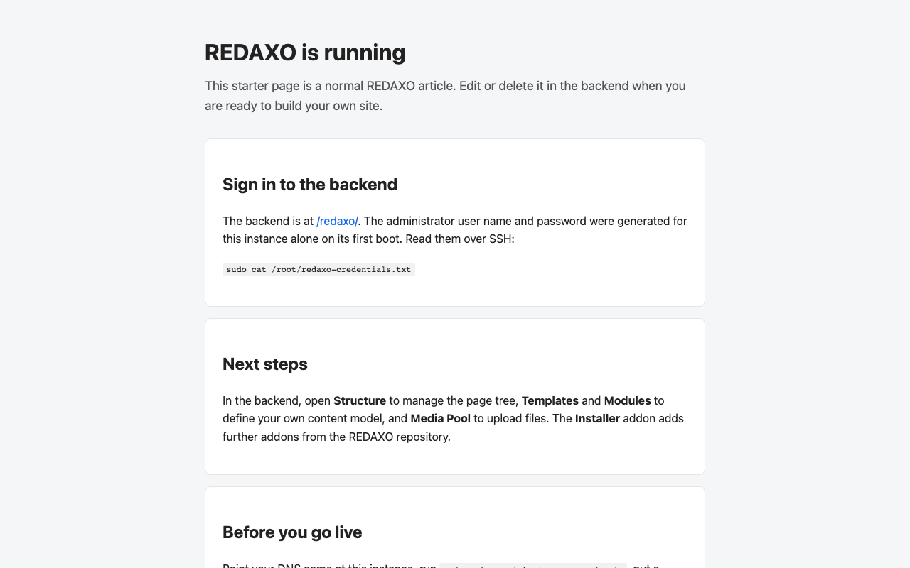 The REDAXO starter page of a fresh site