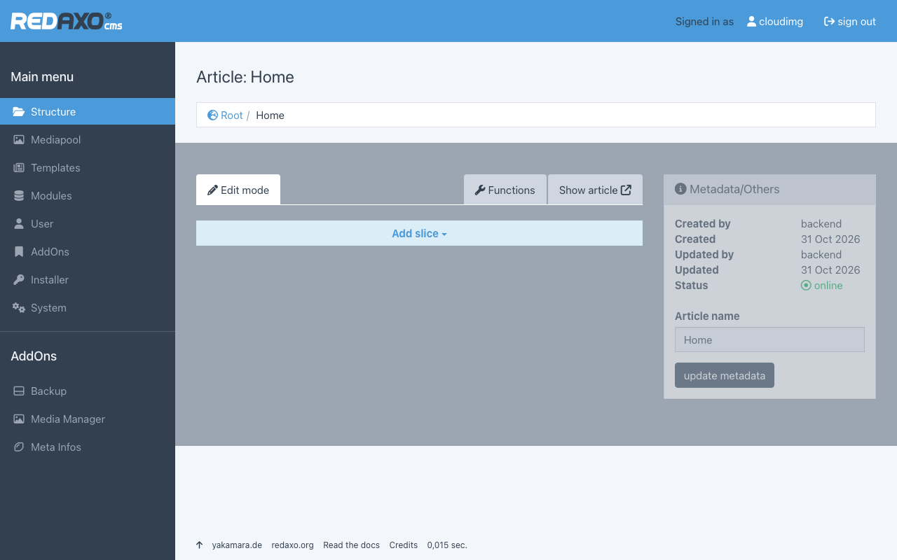 The REDAXO content editor for the Home article