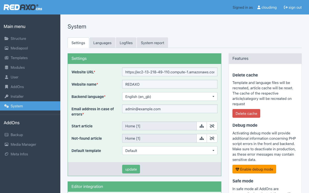 The REDAXO System settings page