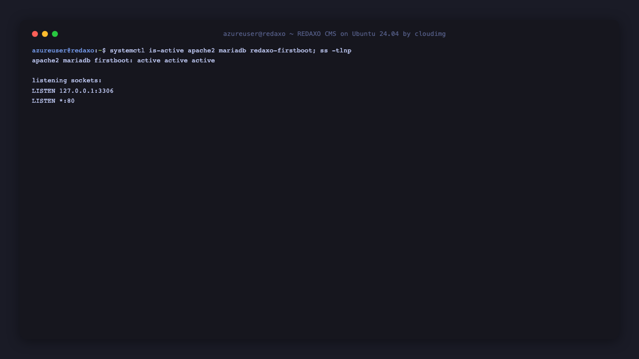 The apache2, mariadb and redaxo-firstboot services all reporting active, with Apache listening on port 80 and MariaDB bound to loopback 127.0.0.1:3306