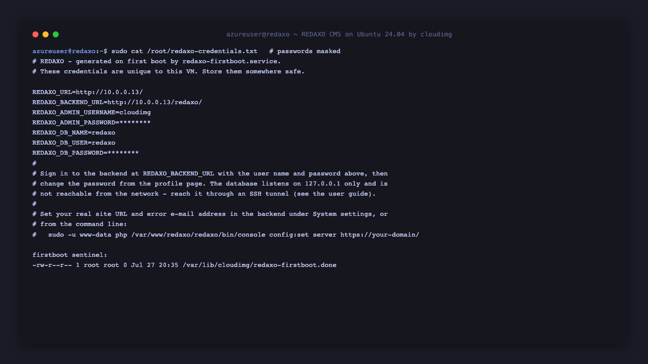 The per VM REDAXO credentials file, showing the admin login user, the generated password masked, the application URL and the loopback MariaDB details