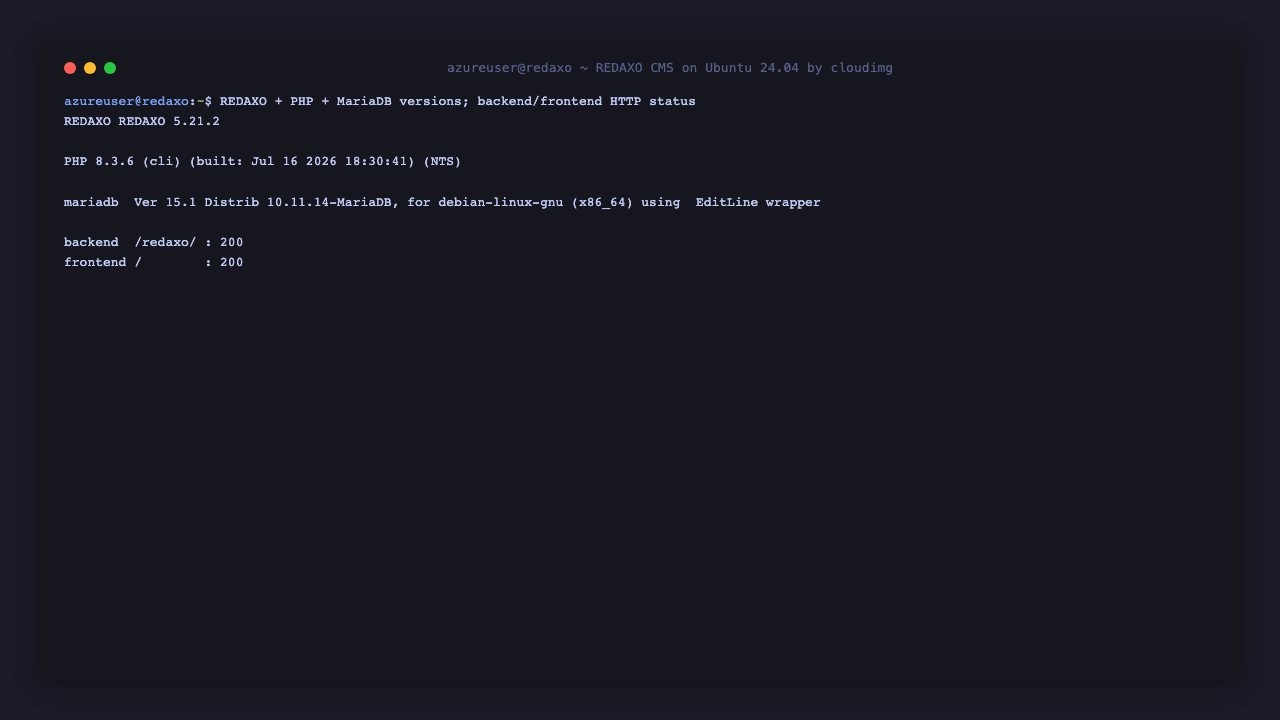 The cloudimg account as the only REDAXO administrator, and the versions with the backend and front end answering HTTP 200