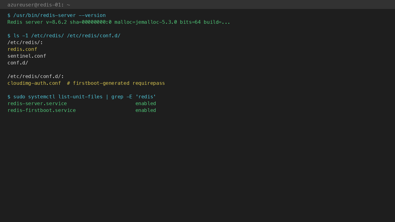 Redis 8 components inventory: redis-server binary, redis.conf + conf.d/cloudimg-auth.conf, /var/lib/redis data dir, redis-firstboot.service, native Vector Sets and JSON/TimeSeries demos working