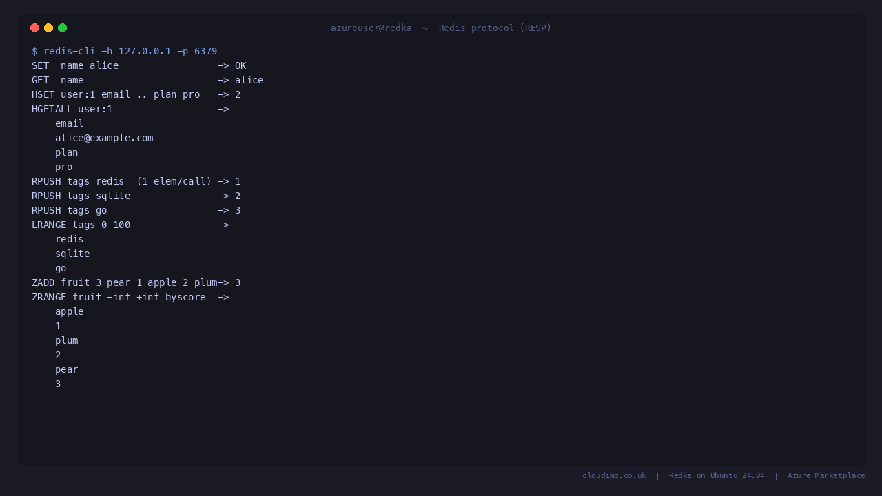 Redka speaking the Redis protocol over redis-cli