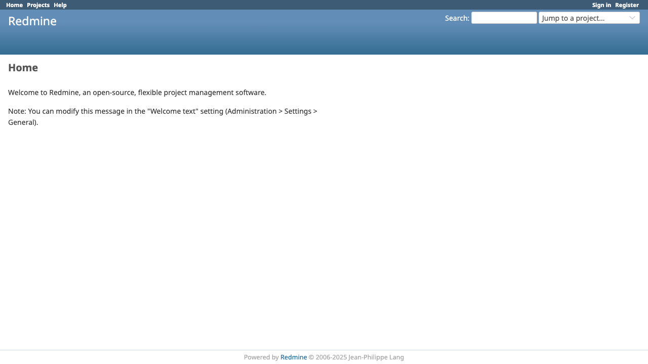 Redmine 6.0 home page rendered with the default theme — sign in link top-right