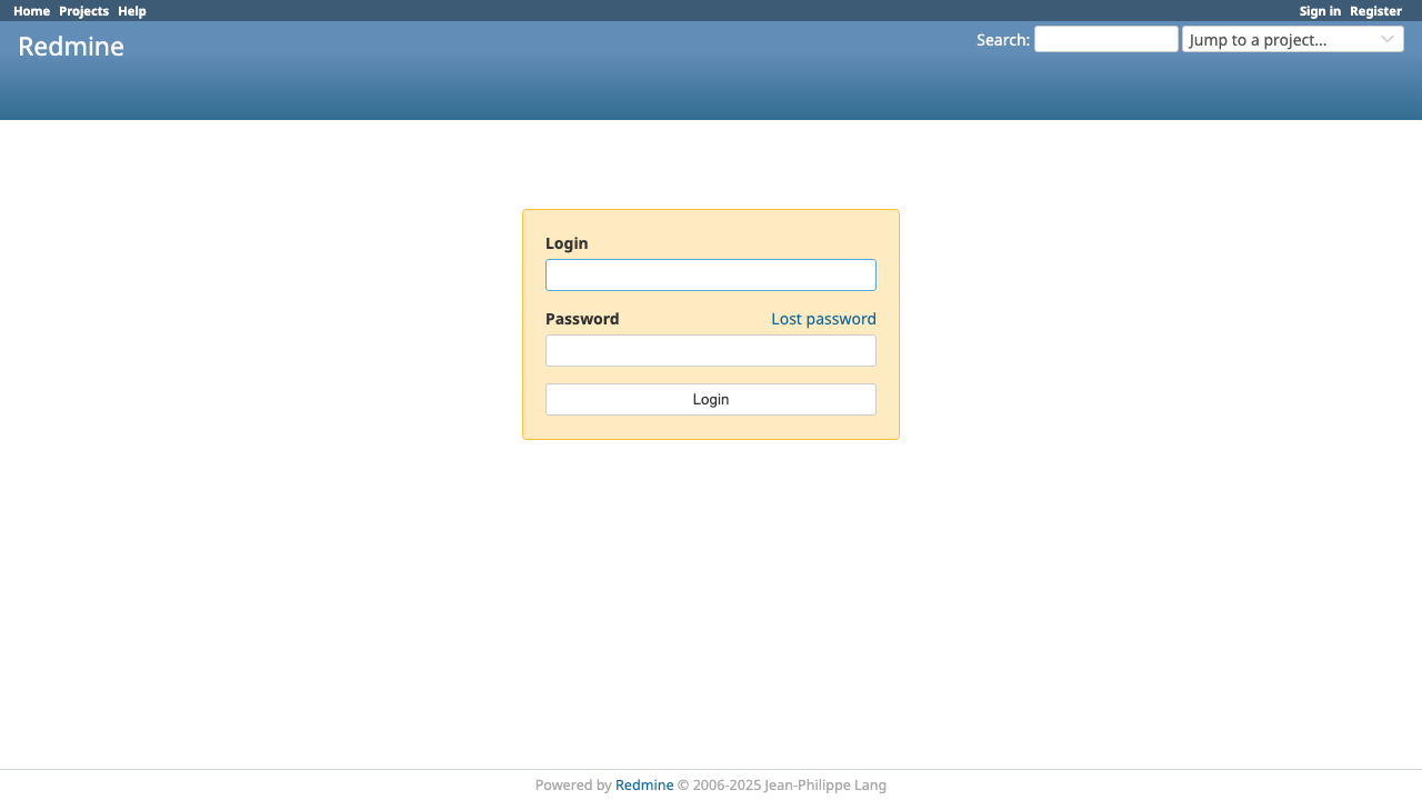 Redmine 6.0 login form at /login — username + password fields