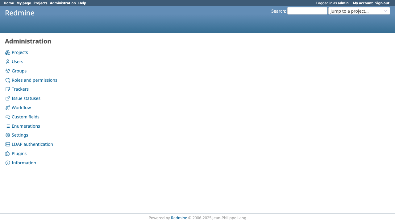 Redmine 6.0 administration dashboard — full configuration index for projects, users, roles, workflow