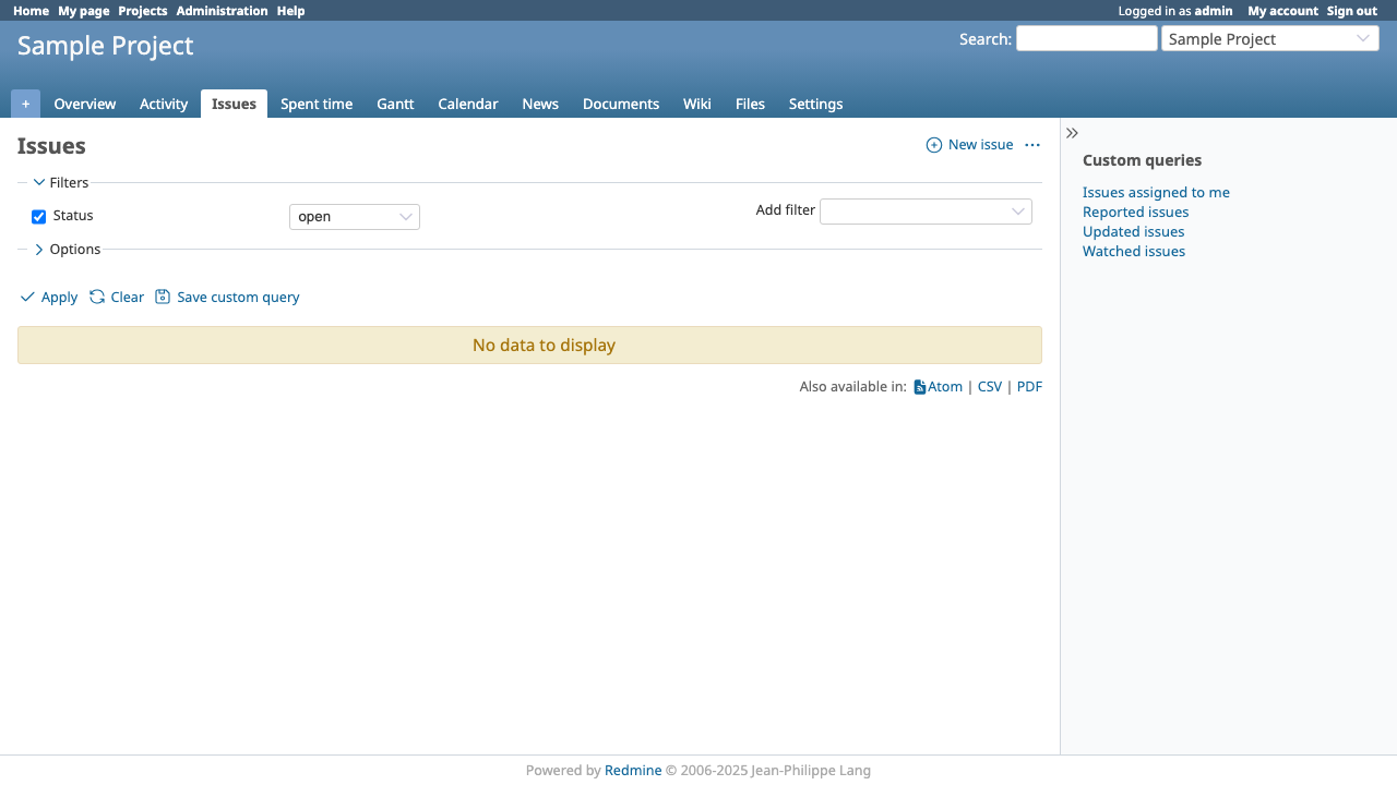 Redmine 6.0 issue tracker view inside a project — list, filter, and group bug/feature/task issues