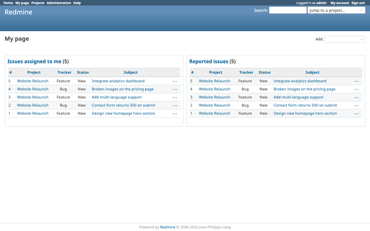 The Redmine project overview after signing in