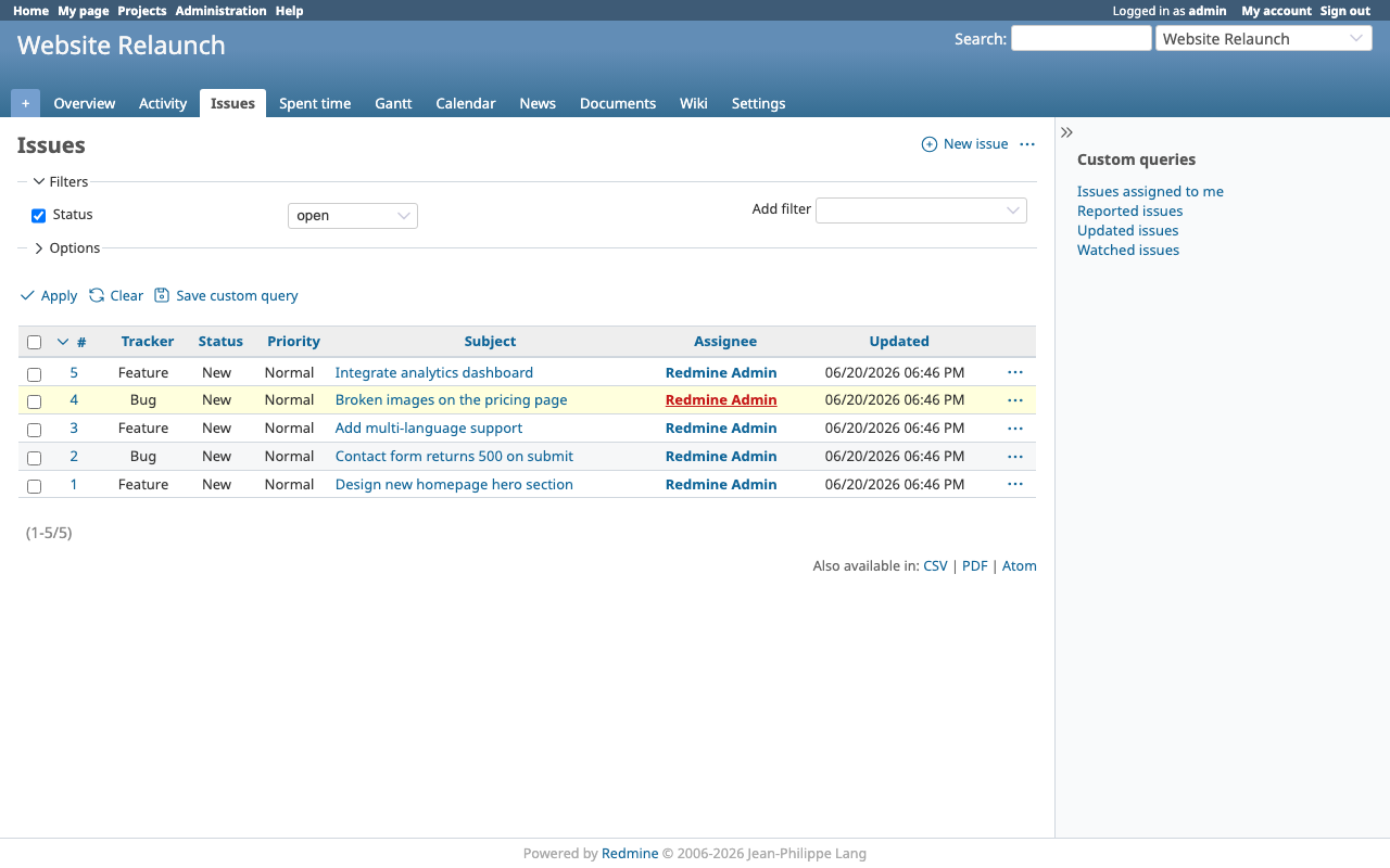 The Redmine issues list for a project