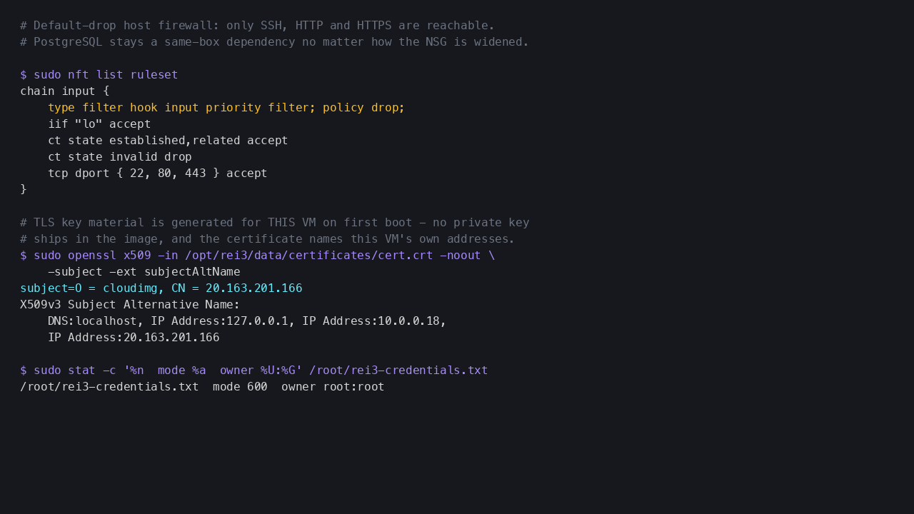The nftables input chain with a drop policy accepting only loopback, established traffic and TCP ports 22, 80 and 443, the TLS certificate issued to cloudimg naming this VM's own addresses, and the credentials file at mode 600 owned by root