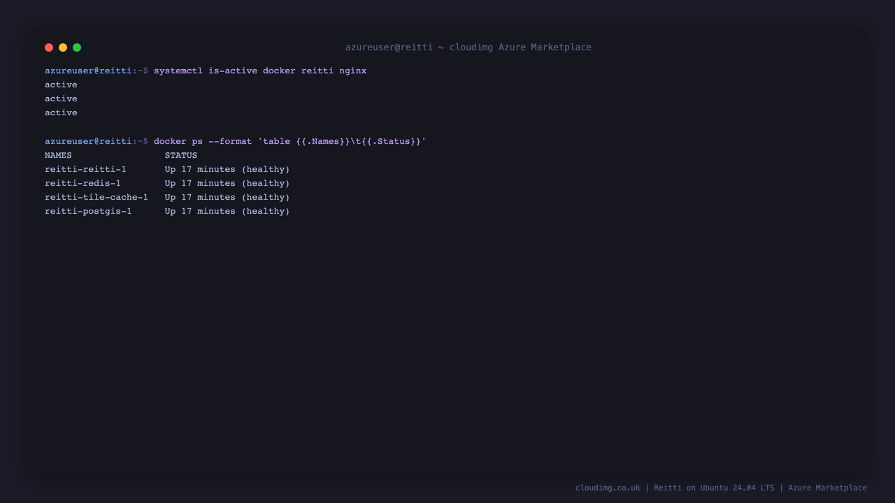 The docker, reitti and nginx services all active, and the four compose containers (reitti app, PostGIS, Redis and the tile cache) running and healthy