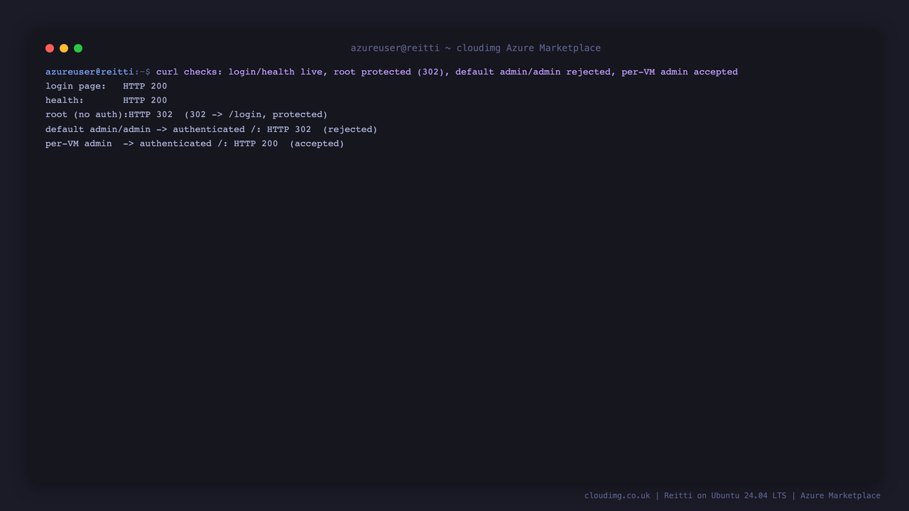 curl checks showing the login page and health endpoint returning HTTP 200, the app root returning 302 when unauthenticated, the upstream default admin/admin still redirected 302 as rejected, and only the per instance admin session returning 200