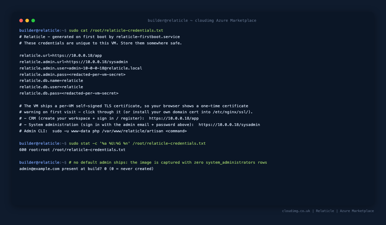 Per-VM credentials and the no-default-admin proof