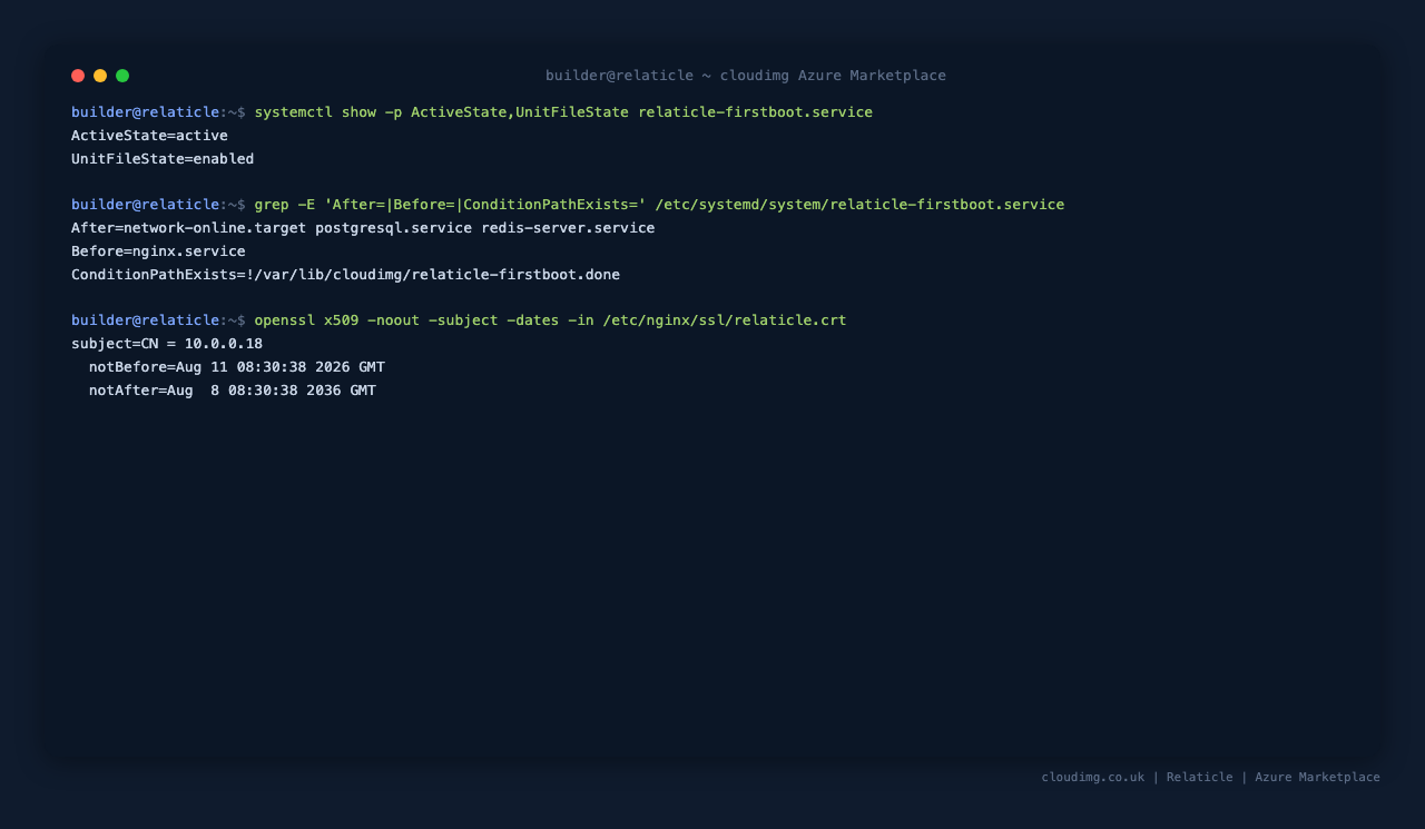 First-boot service, systemd ordering and per-VM certificate