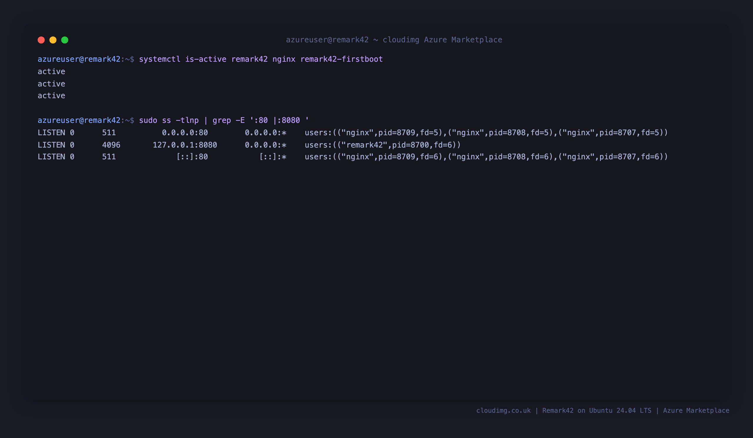 The remark42, nginx and remark42-firstboot units all active, with nginx listening on port 80 and Remark42 bound to loopback on port 8080
