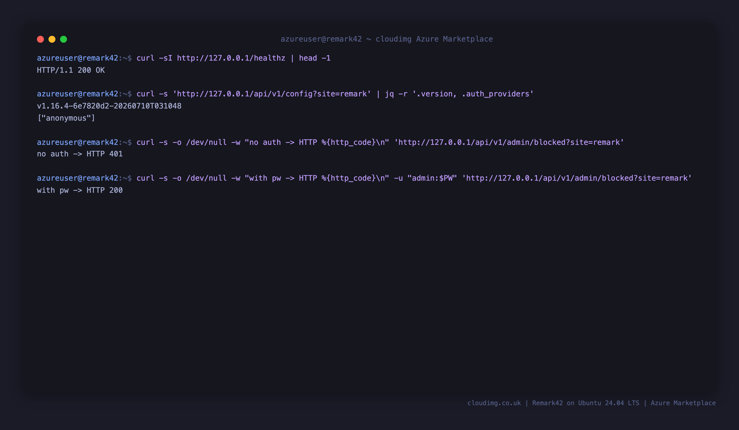 The health endpoint returning 200, the reported version and anonymous auth provider, and the admin API returning 401 without a password and 200 with it