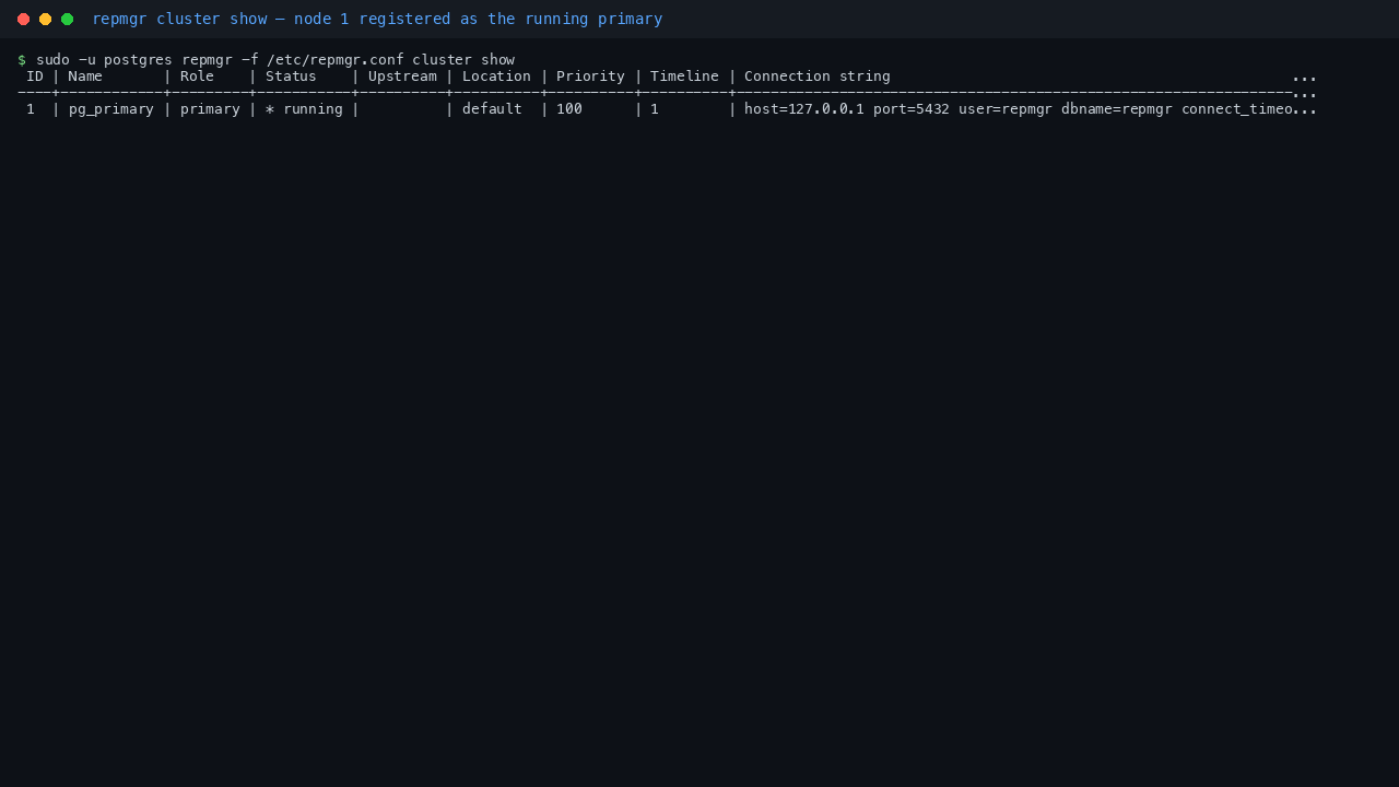 Terminal showing repmgr cluster show output: a single row for node ID 1 named pg_primary, role primary, status star running, priority 100, timeline 1, and its connection string, confirming the primary is registered and healthy