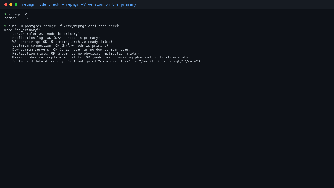 Terminal showing repmgr node check output for node pg_primary: server role OK node is primary, replication lag OK, WAL archiving OK, upstream connection OK, downstream servers OK, replication slots OK, and configured data directory OK