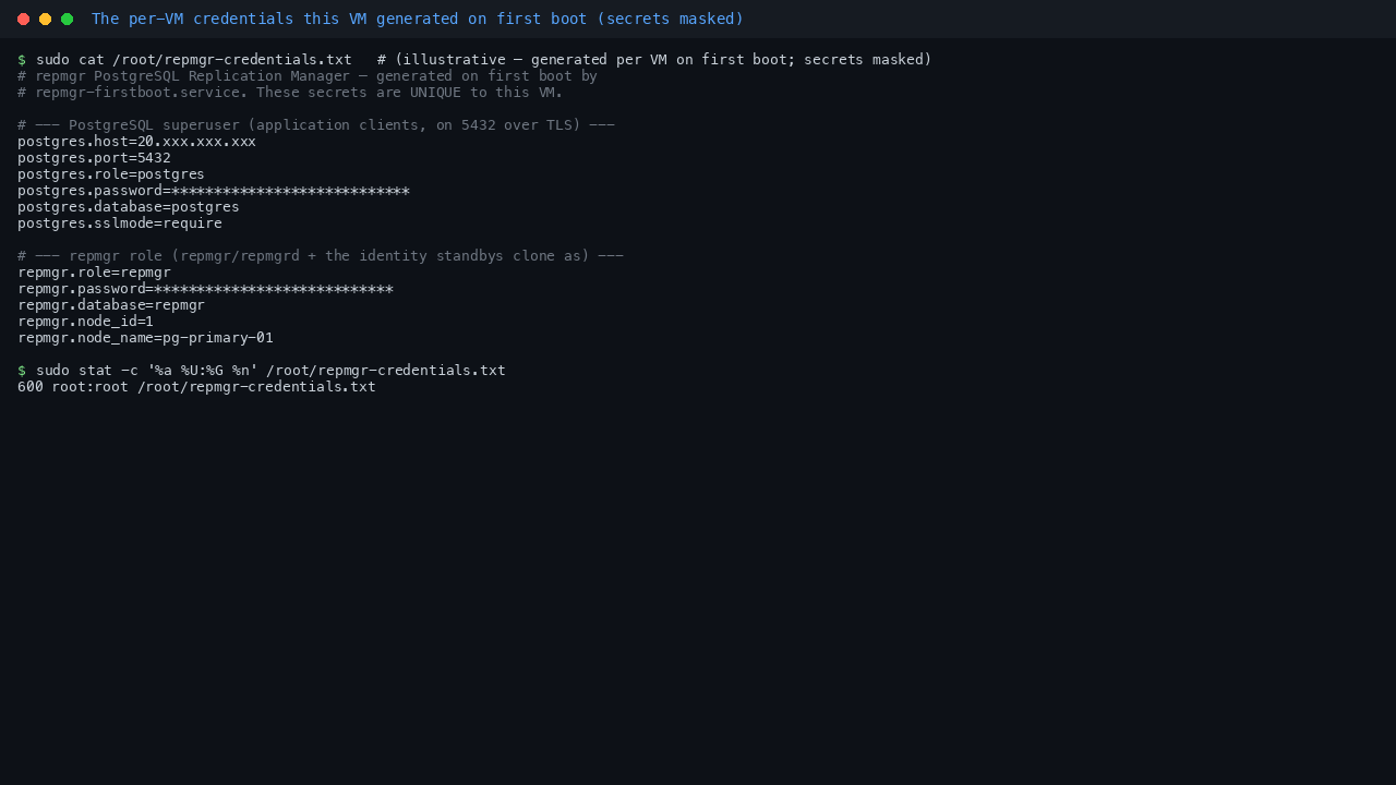 Terminal showing the per VM credentials file at /root/repmgr-credentials.txt, mode 600 owned by root, listing the postgres host and port, the postgres superuser password (masked), the repmgr role and password (masked), the repmgr database, and the node id and node name that first boot generated for this VM