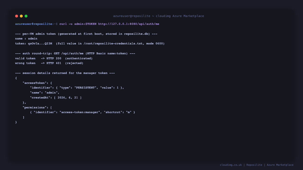 Reposilite admin token auth round trip via /api/auth/me