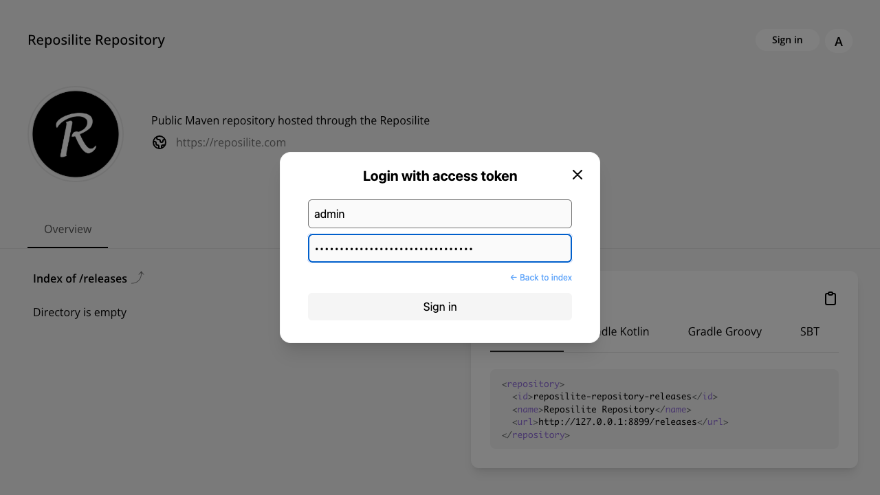 Reposilite access token login dialog