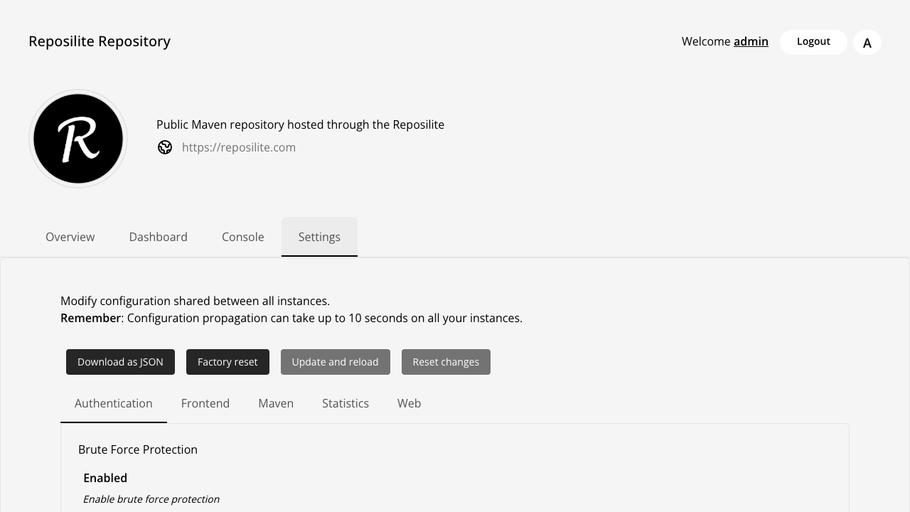 Reposilite authenticated settings view