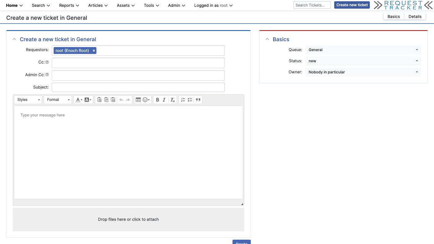 The RT create a new ticket form with requestor, subject, message editor and queue basics