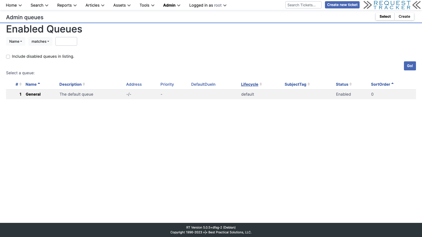 The RT admin queues page listing the configured queues
